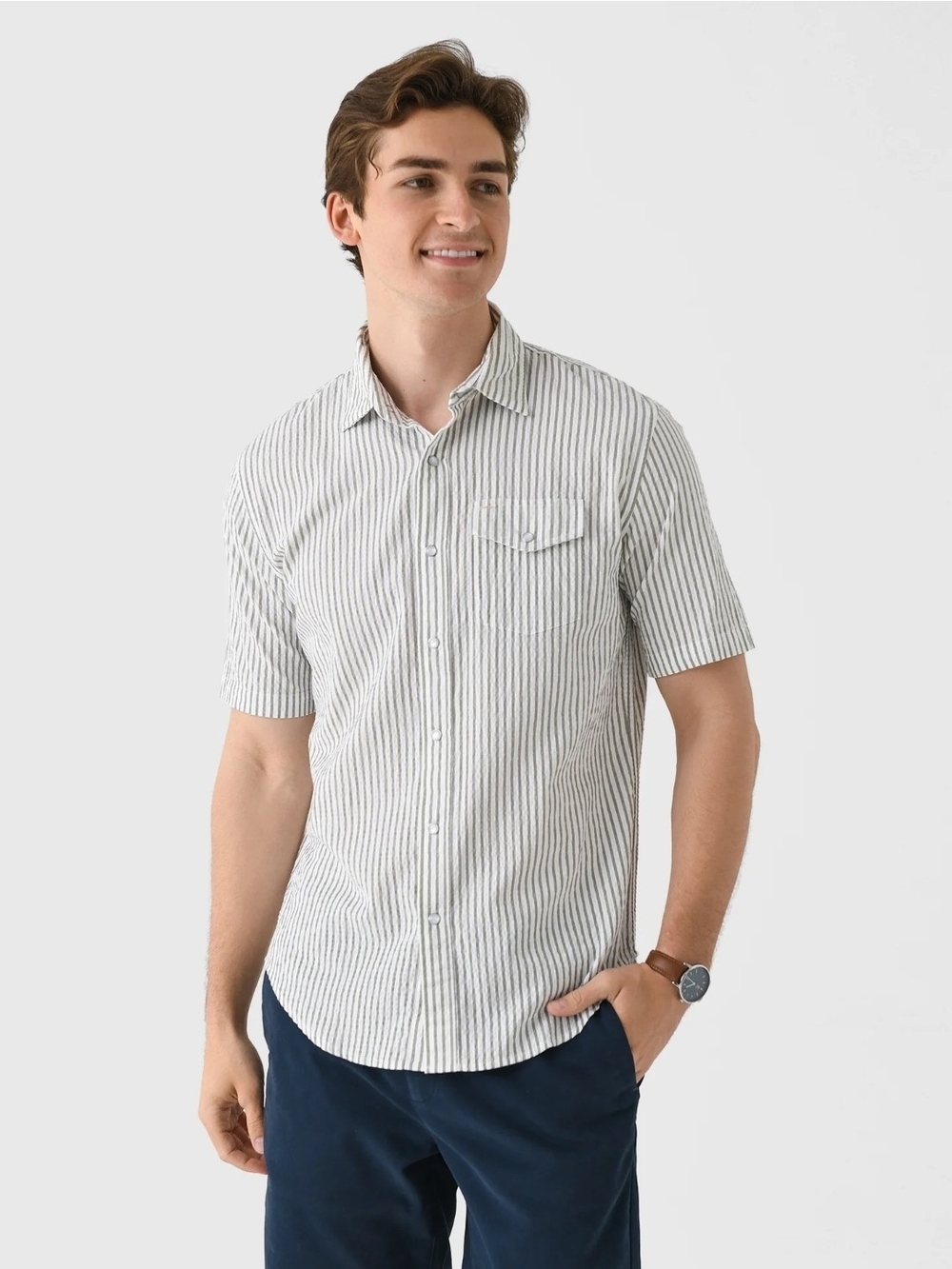 Criquet Seersucker Pearl Snap Shirt Men White Small Short Sleeve Button Up Golf